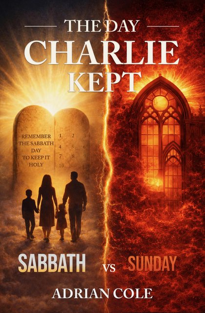 Cover of The Day Charlie Kept: a family walks toward radiant golden light breaking behind the tablets of the commandments, opposite a cathedral window in flames — Sabbath vs Sunday.
